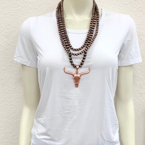 Steer Skull Cow Navajo Pearl Necklace Copper - Picture 2 of 3